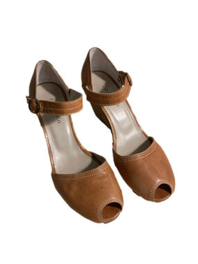 Coclico ladies tan leather peep toe wedge heels size 36